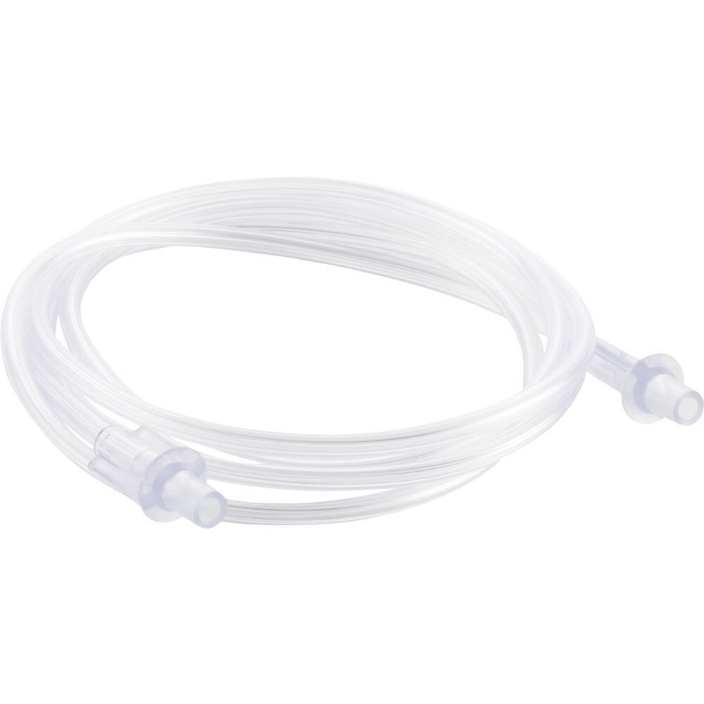 Ein klarer, spiralf&ouml;rmig aufgewickelter Schlauch mit Anschl&uuml;ssen an beiden Enden.