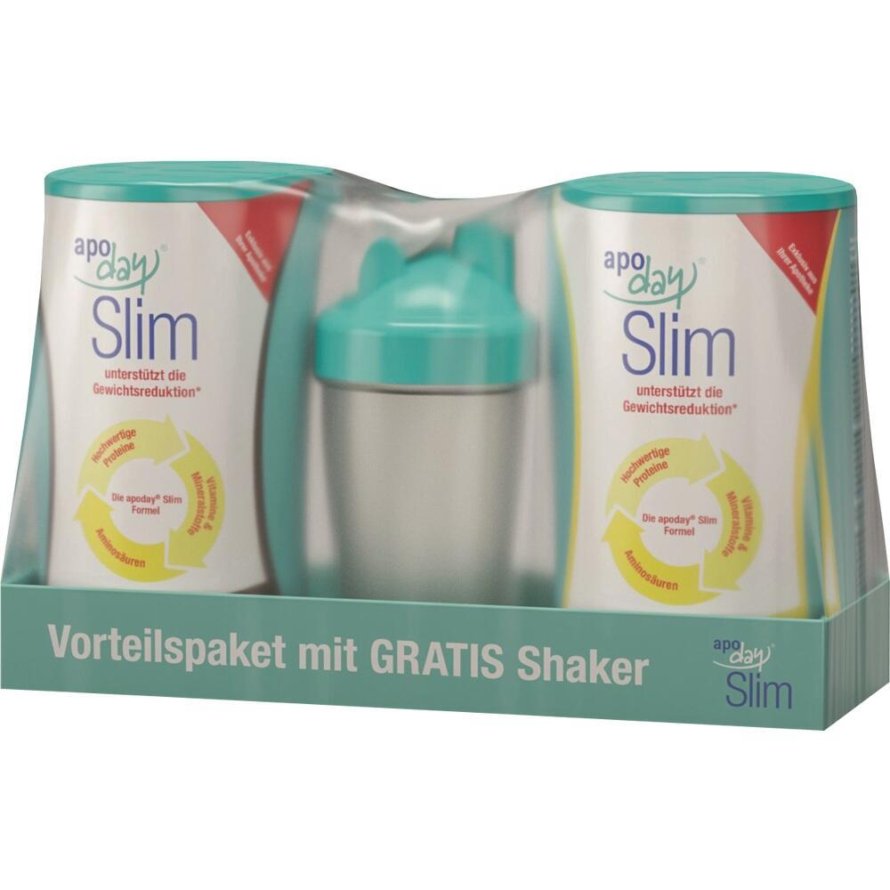 Verpackung mit zwei Dosen apoday Slim und einem gr&uuml;nen Shaker.