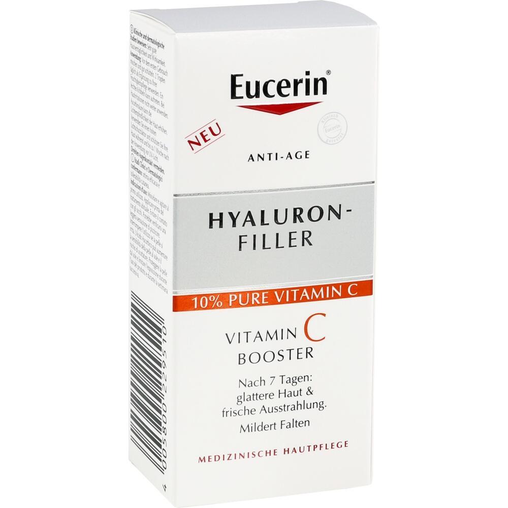 Eine weiße Schachtel Eucerin Hyaluron-Filler mit Vitamin C Anti-Age-Produkt.