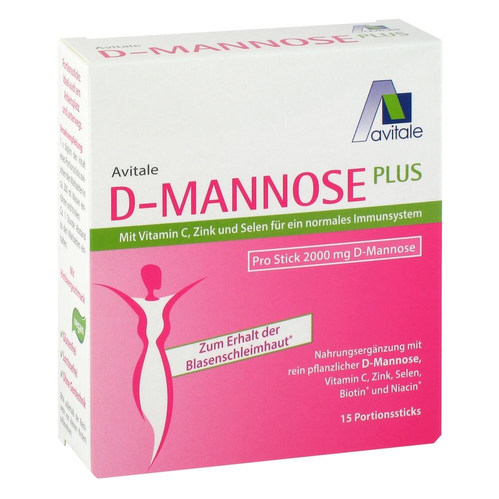 Packung von Avitale D-Mannose Plus Nahrungserg&auml;nzungsmittel mit Vitaminen und Mineralstoffen.