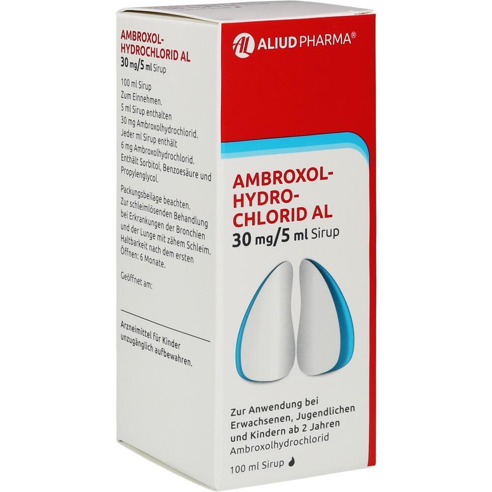 Eine Schachtel mit Ambroxol-Hustenmedizin in Sirupform.