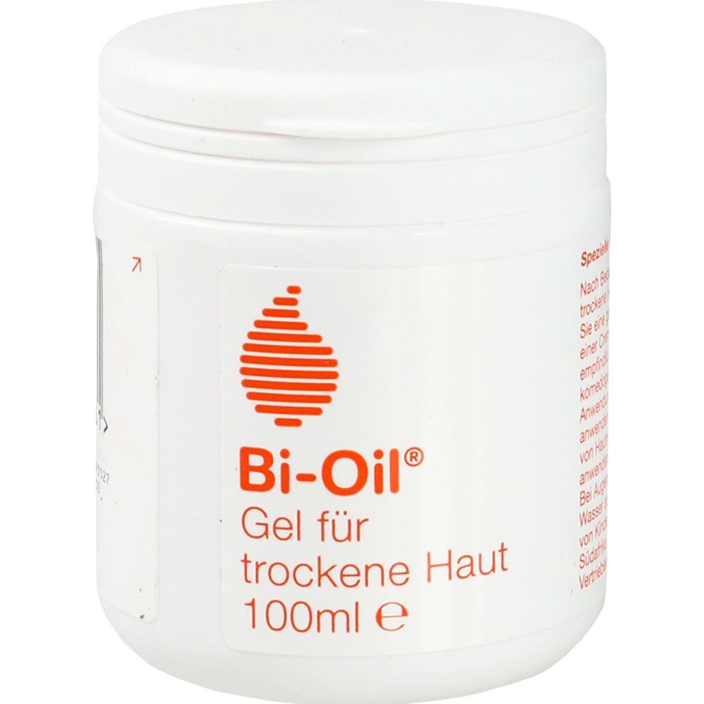 Weißer Behälter mit rotem Logo, enthält Bi-Oil Gel für trockene Haut, 100 ml.