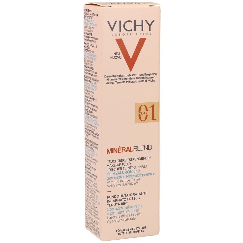 Die Verpackung einer Vichy Feuchtigkeits-Make-up-Fluid in einem beigen Karton.