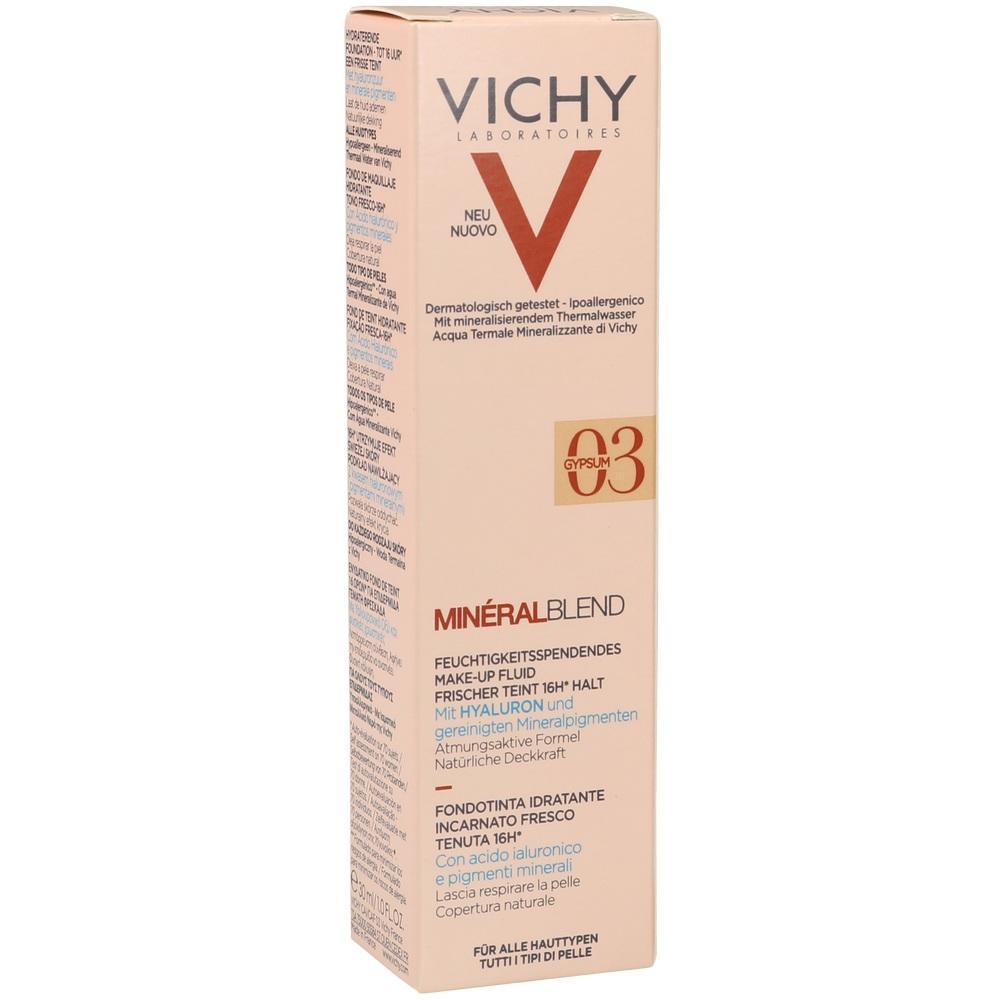 Cremefarbene Schachtel mit Text &bdquo;Vichy Mineralblend Make-up-Fluid&ldquo;.