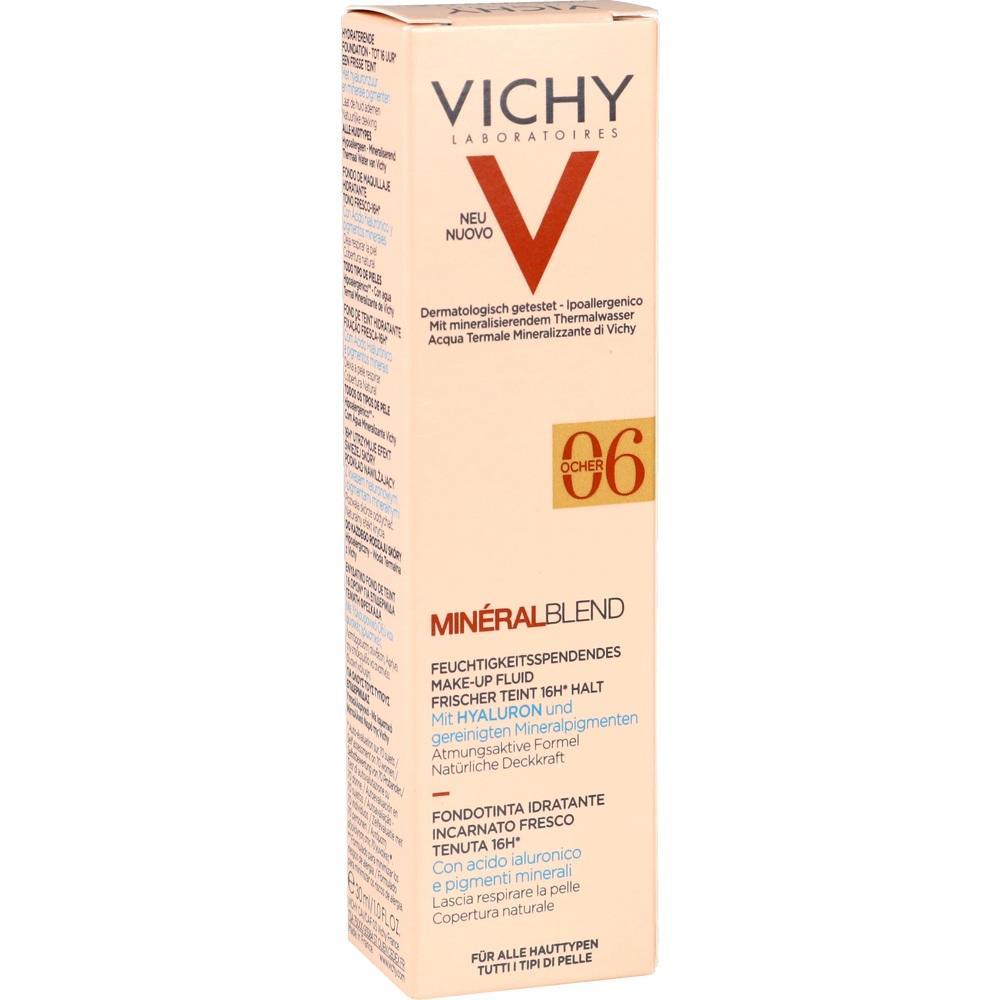 Beige Verpackung einer Vichy Feuchtigkeitscreme mit der Aufschrift „Minéralblend 06“.