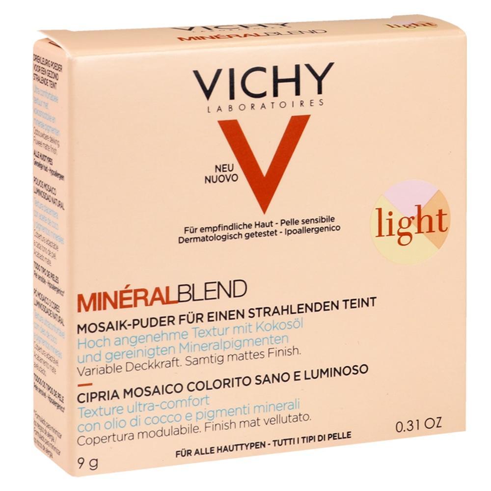 Beige Verpackung eines Vichy Mineralblend-Puders f&uuml;r empfindliche Haut.