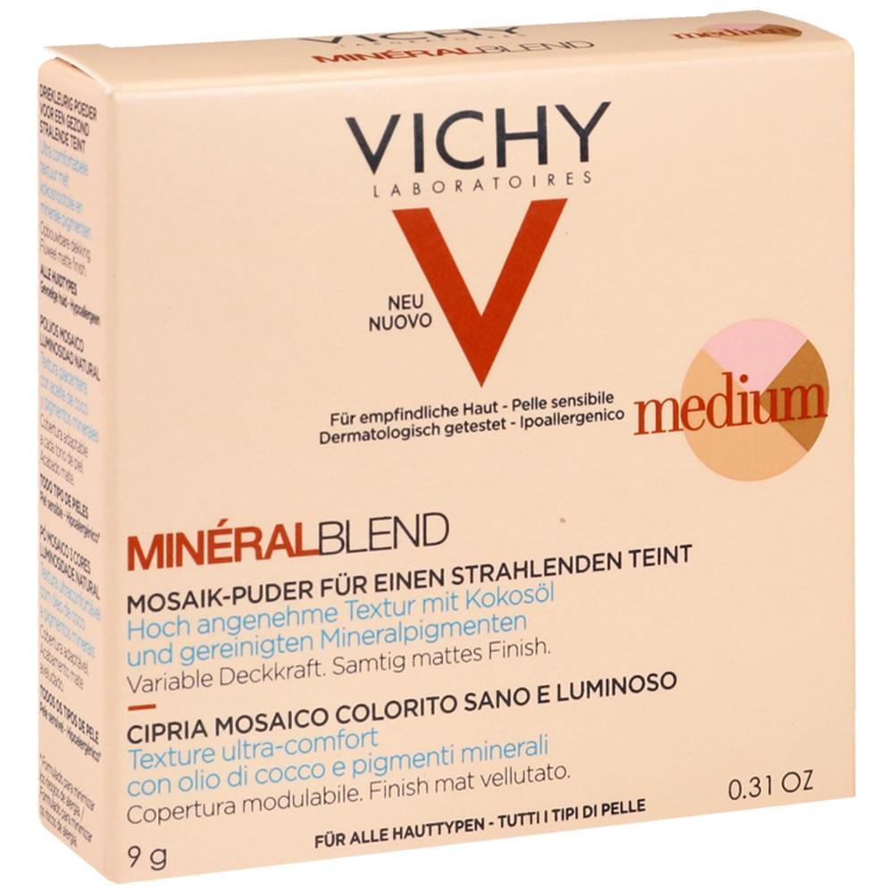 Beige Verpackung von Vichy Mosaik-Puder f&uuml;r strahlenden Teint, geeignet f&uuml;r empfindliche Haut.