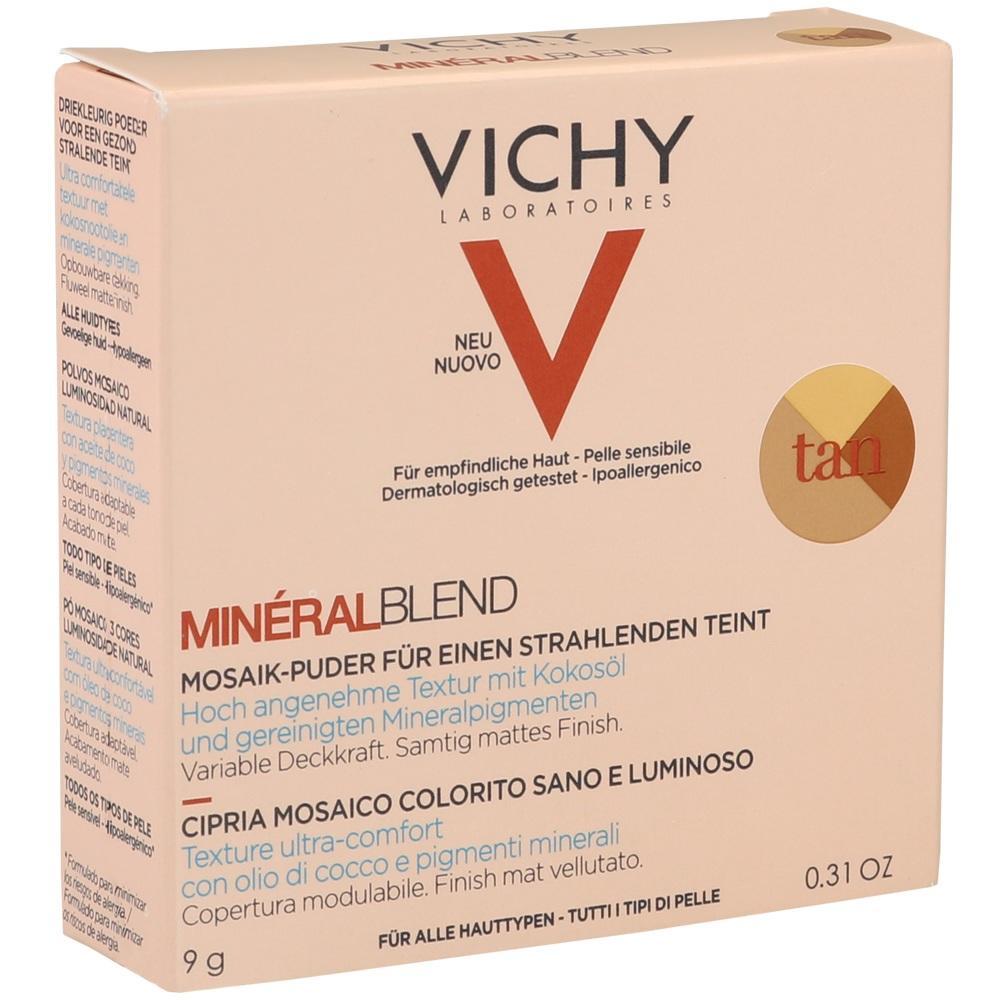 Beige Packung von Vichy mit der Aufschrift "Min&eacute;ralblend Mosaik-Puder".