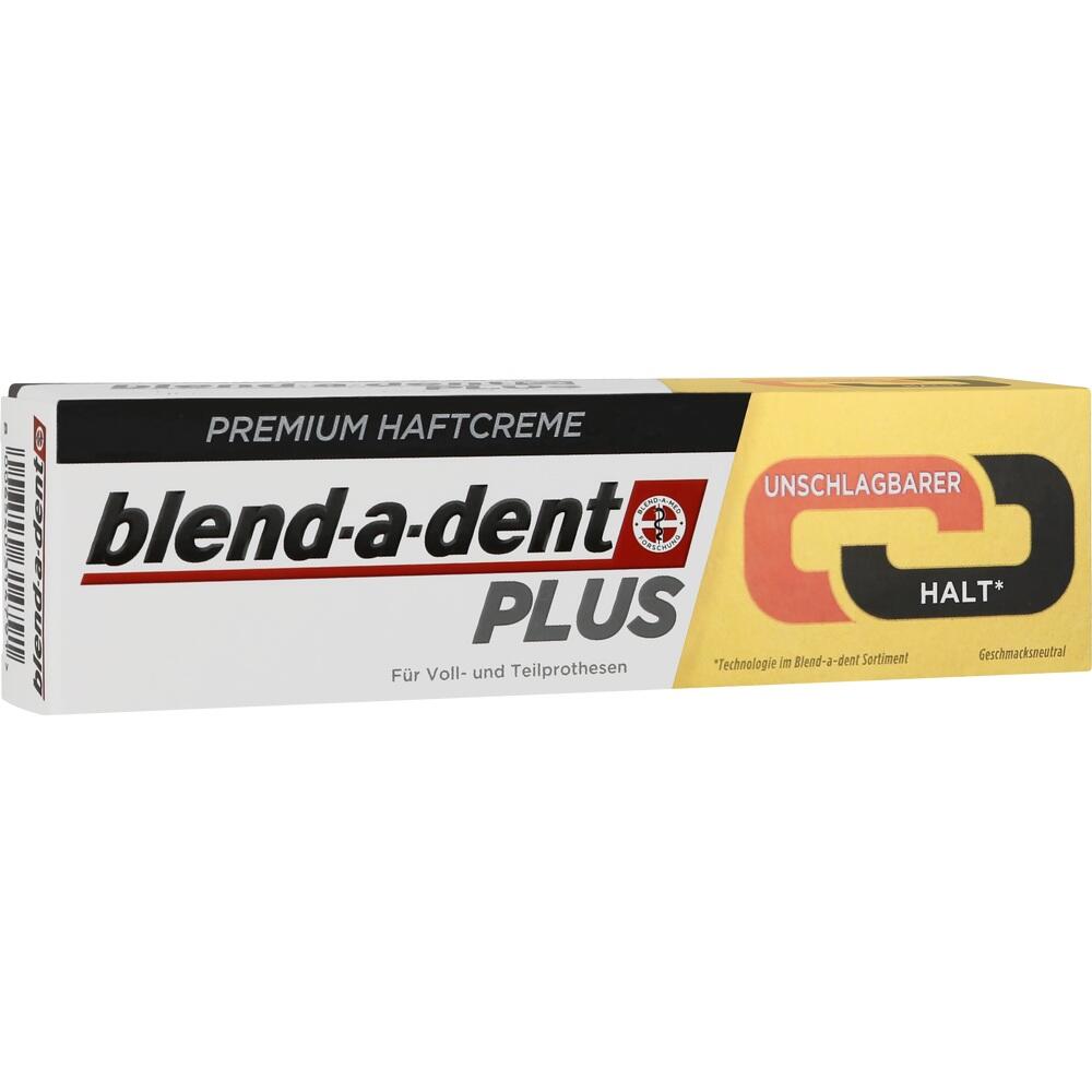 Eine Schachtel Blend-a-dent Haftcreme für Zahnprothesen.