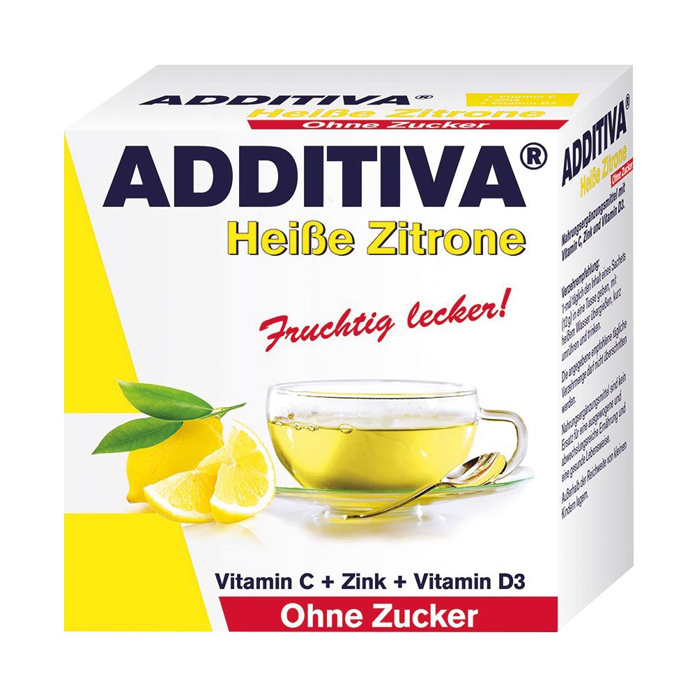 Verpackung von "Additiva Hei&szlig;e Zitrone" ohne Zucker mit Vitamin C, Zink und Vitamin D3.
