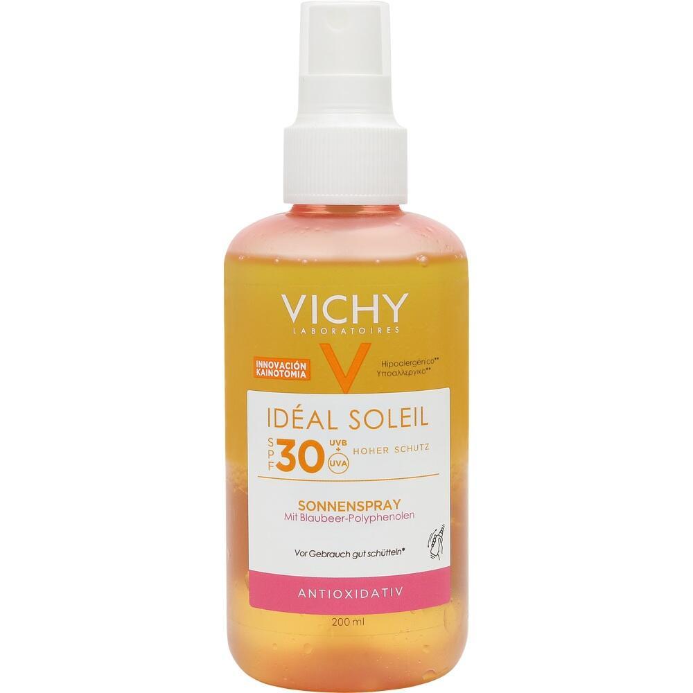 Orangenes Sonnenspray von Vichy mit Lichtschutzfaktor 30 in einer 200 ml Spr&uuml;hflasche.