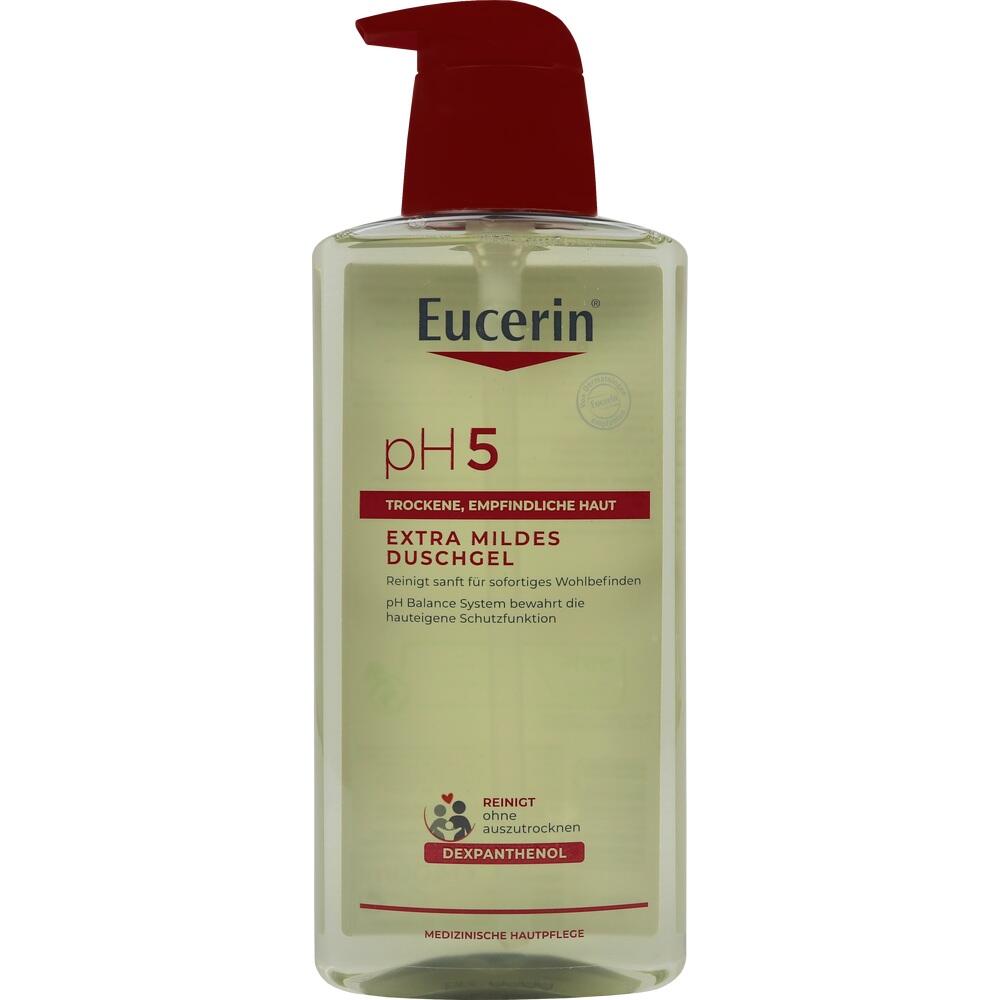 Eine Flasche Eucerin Duschgel f&uuml;r sensible und trockene Haut mit rotem Spender.
