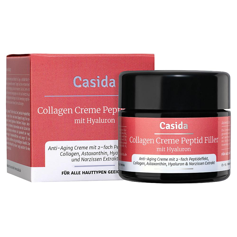Ein rotes Kosmetikprodukt namens "Casida Collagen Creme" steht vor einer passenden Verpackung.