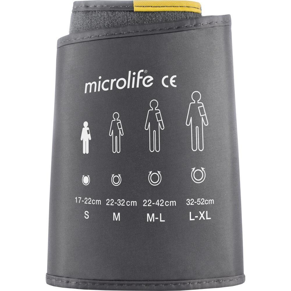 Blutdruckmanschette mit Gr&ouml;&szlig;enangaben S, M, M-L, und L-XL f&uuml;r unterschiedliche Armumf&auml;nge.
