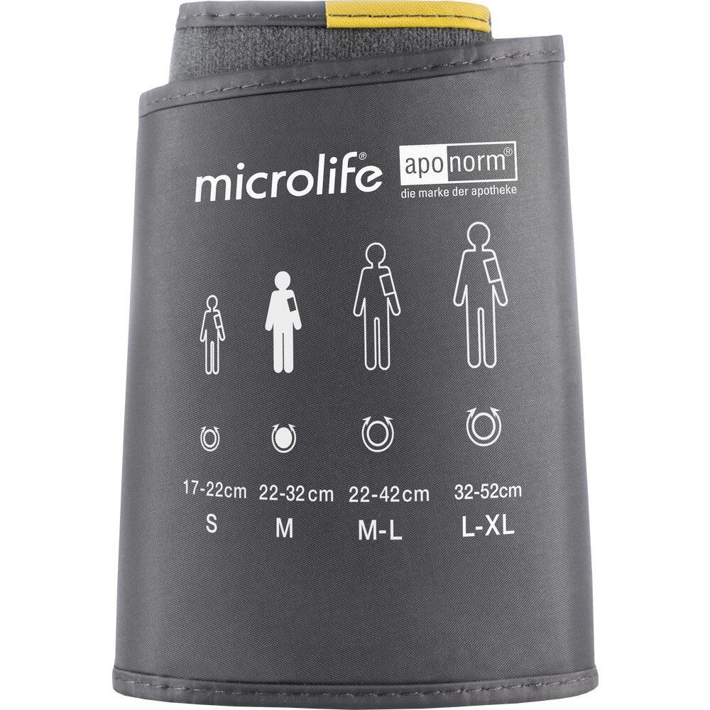 Graue Manschette mit Gr&ouml;&szlig;entabelle und Symbolen f&uuml;r Blutdruckmessungen.