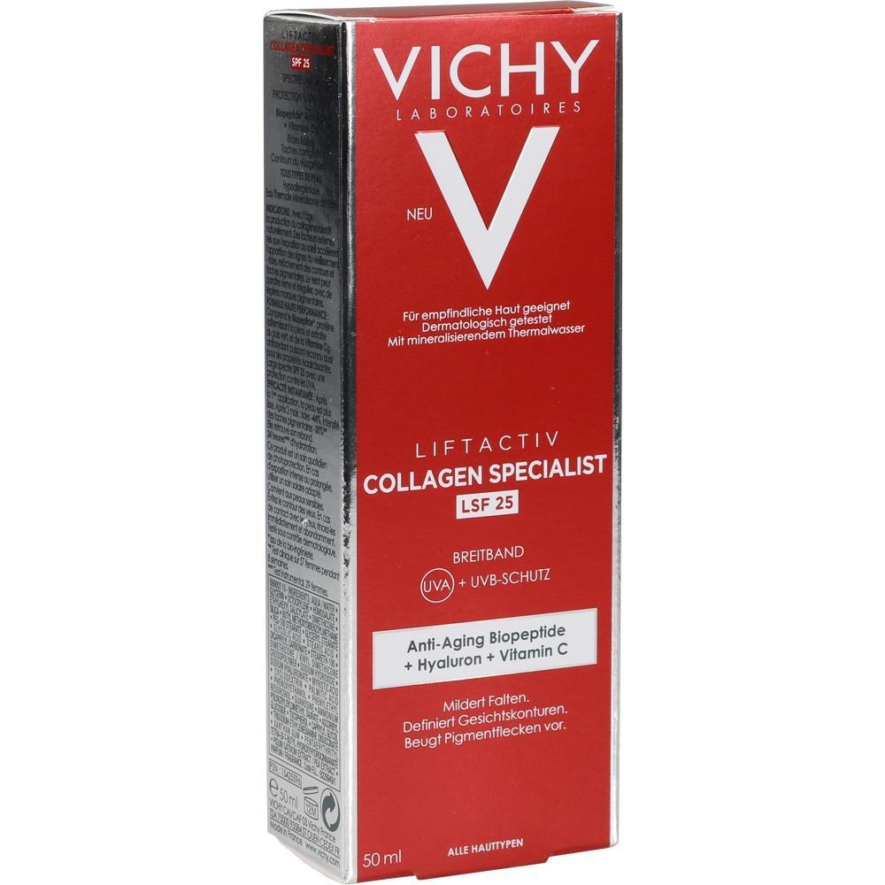 Rote Verpackung einer Vichy Collagen Creme mit LSF 25.