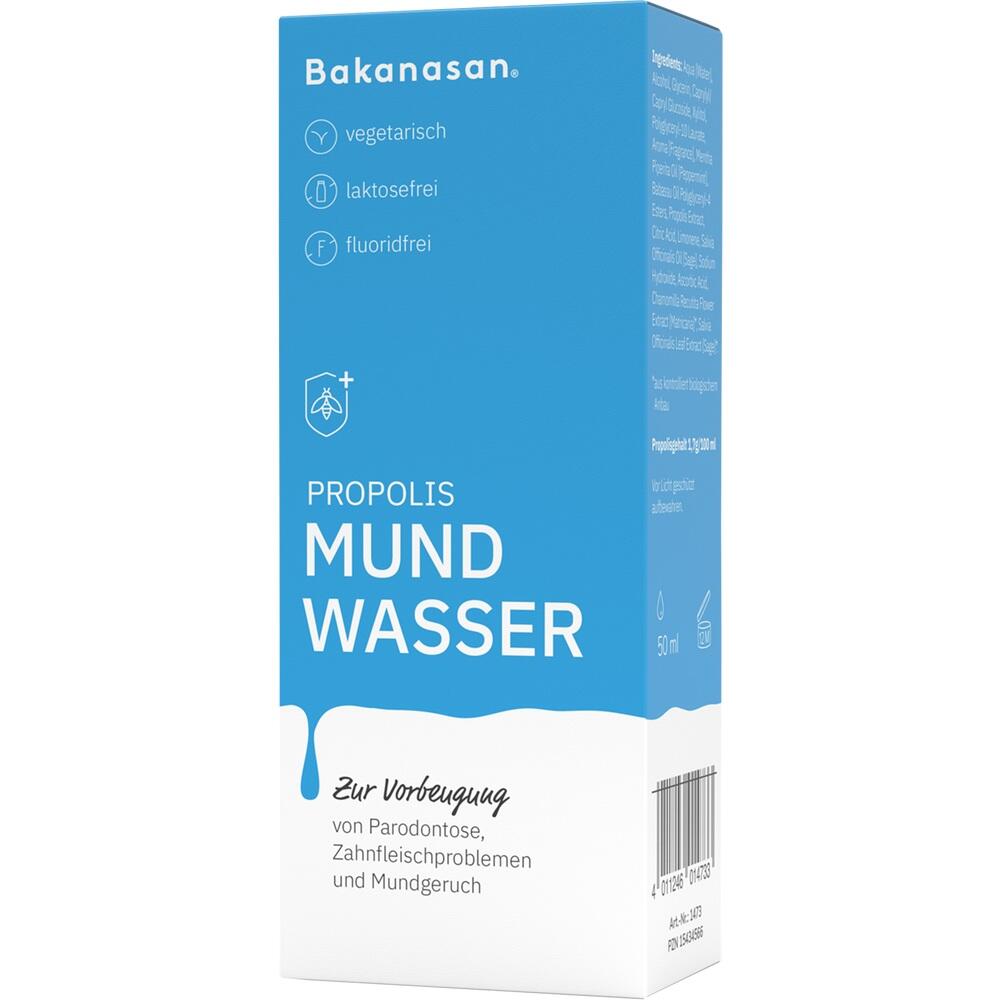 Blaue Verpackung für vegetarisches, laktosefreies und fluoridfreies Propolis-Mundwasser von Bakanasan.