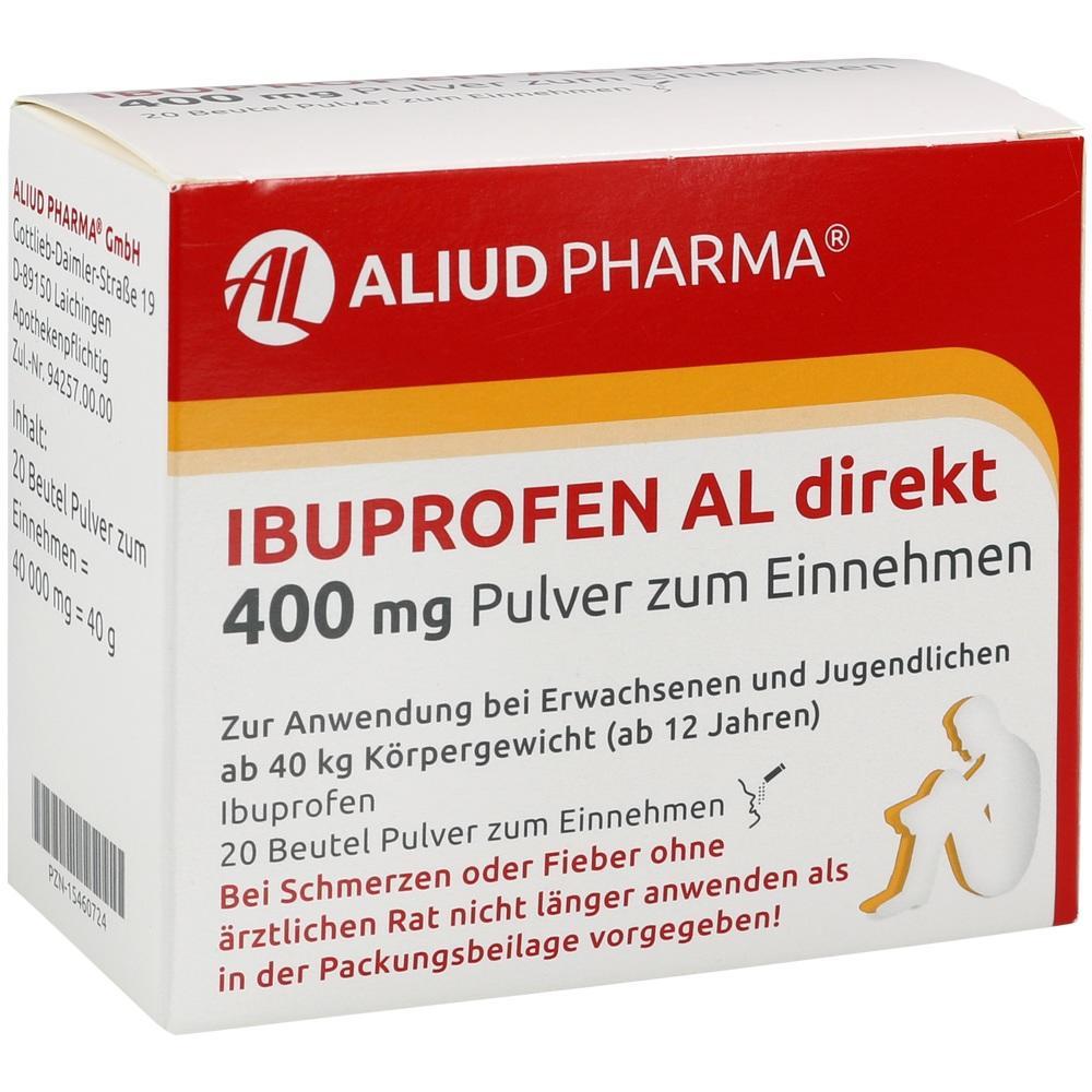Packung mit Ibuprofen-Pulver zur Einnahme bei Schmerzen und Fieber.