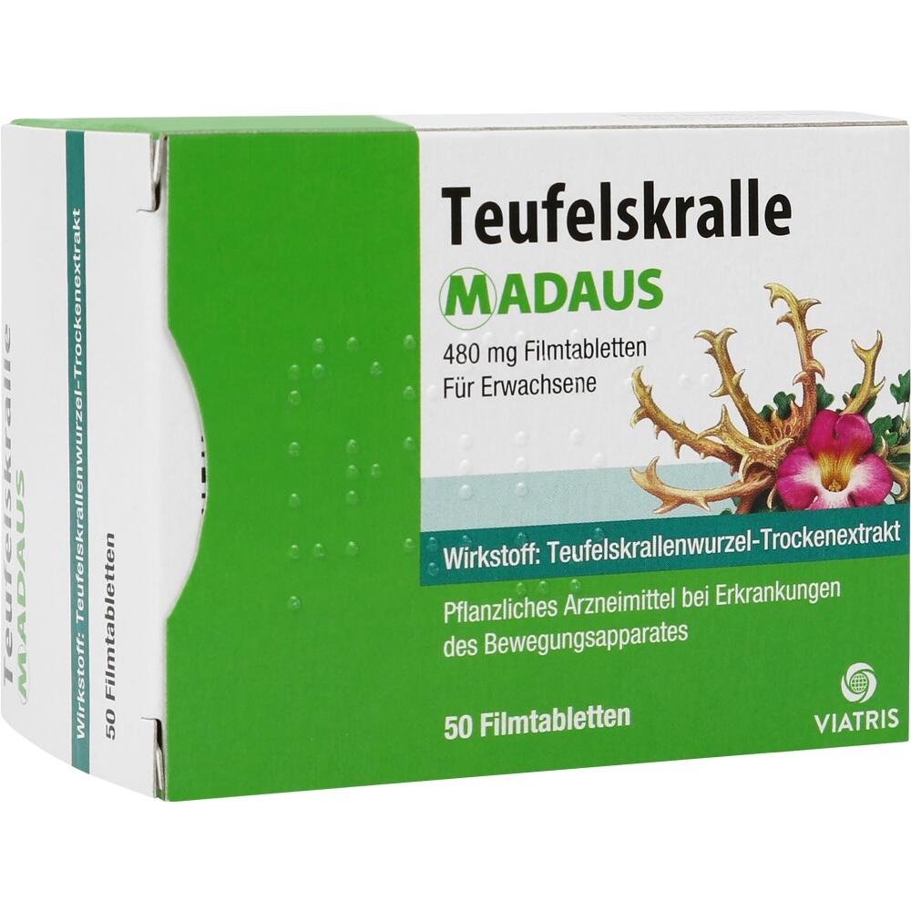 Gr&uuml;ne Medikamentenschachtel mit der Aufschrift "Teufelskralle Madaus" und Bl&uuml;tenbild.