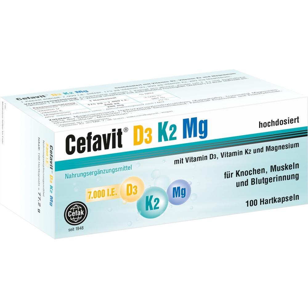 Eine Schachtel mit einem Nahrungsergänzungsmittel namens Cefavit D3 K2 Mg.