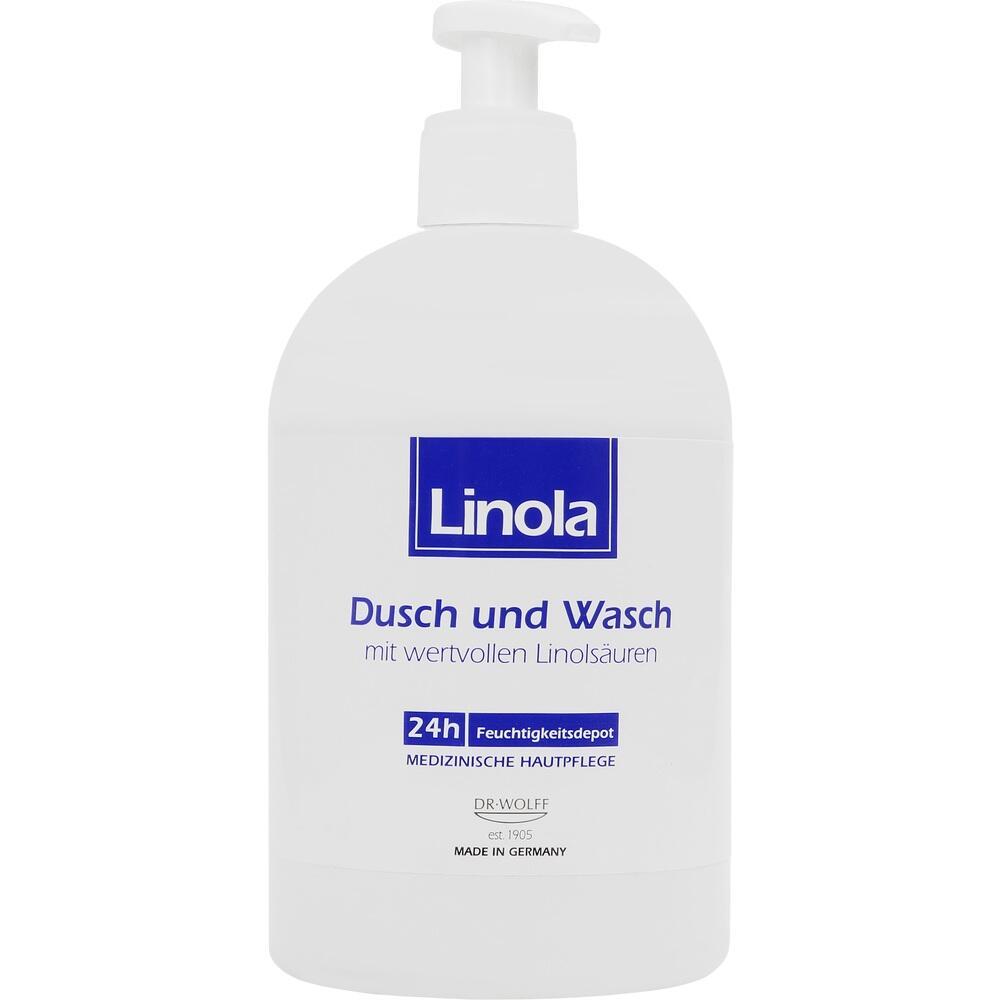 Weiße Flasche mit Linola Dusch- und Waschgel, medizinische Hautpflege.