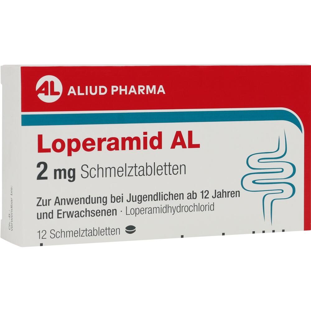 Eine Packung Loperamid AL 2 mg Schmelztabletten von Aliud Pharma gegen Durchfall.