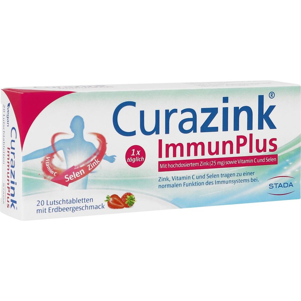 Eine Packung Curazink ImmunPlus Lutschtabletten mit Erdbeergeschmack zur Unterstützung des Immunsystems.