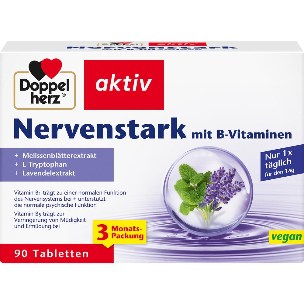 Verpackung von Nahrungsergänzungsmittel, "Nervenstark" mit B-Vitaminen, 90 Tabletten.