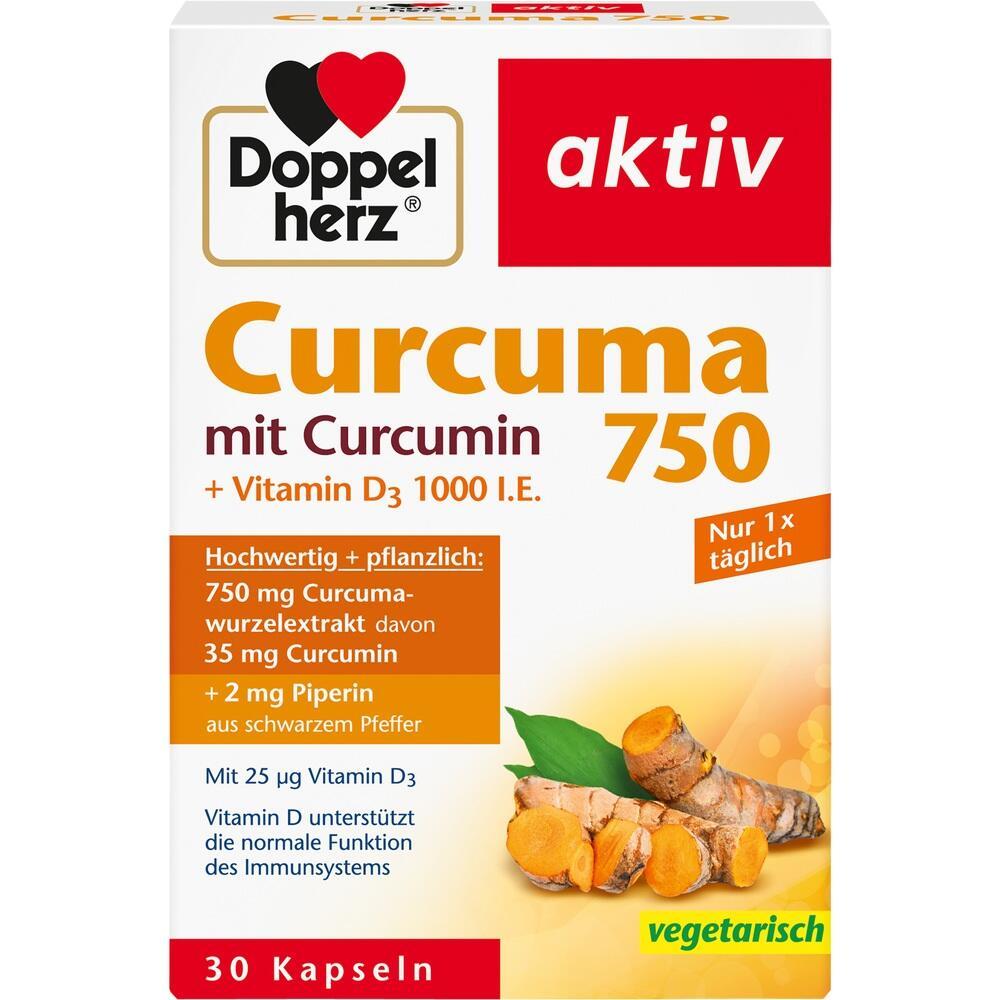 Eine Packung Kurkuma-Kapseln mit Vitamin D3 von Doppelherz.