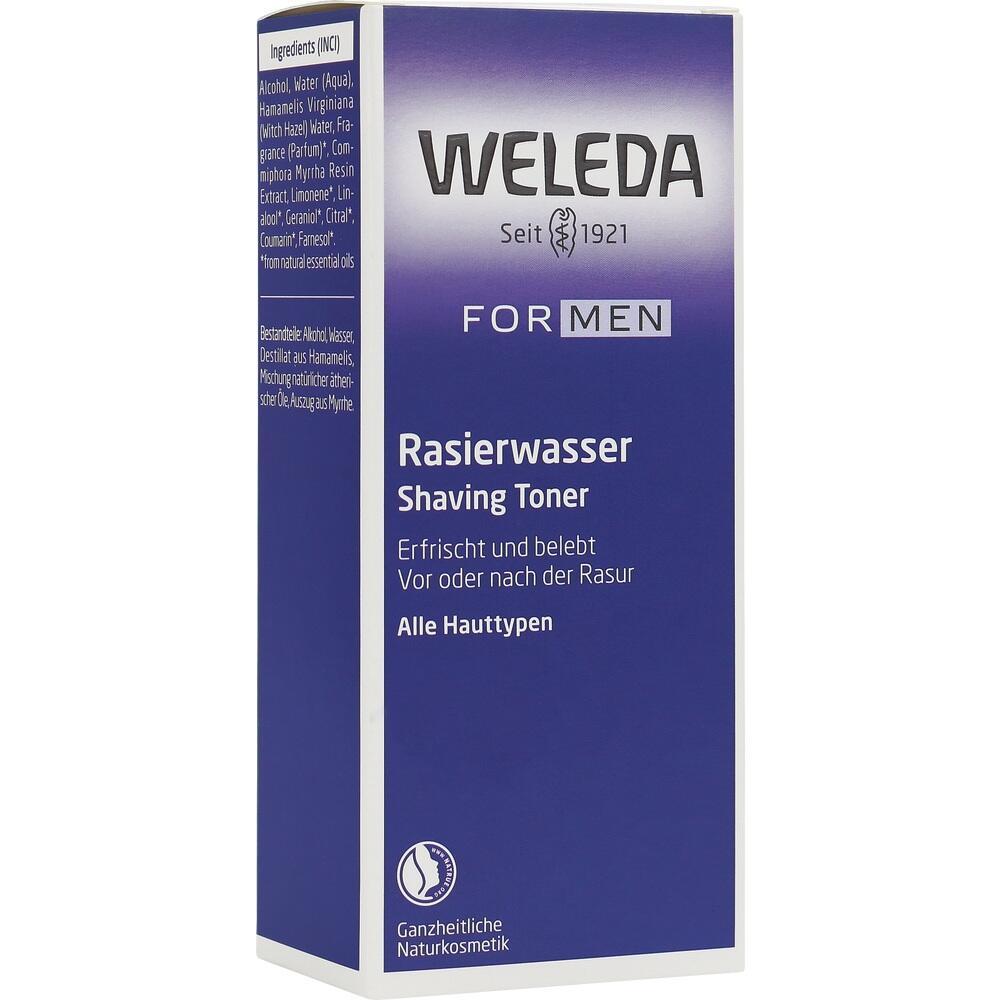 Eine lila Schachtel mit Weleda Rasierwasser für Männer.