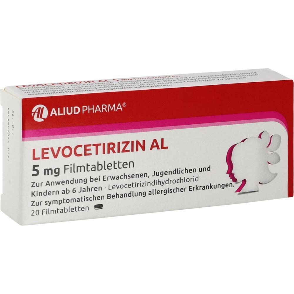 Rote und weiße Medikamentenschachtel mit der Aufschrift "Levocetirizin AL 5 mg Filmtabletten".