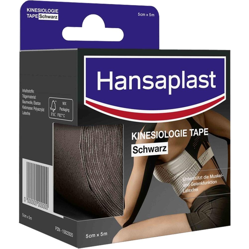 Schwarzes Kinesiologie-Tape von Hansaplast in einer Verpackung, um Muskeln zu unterstützen.