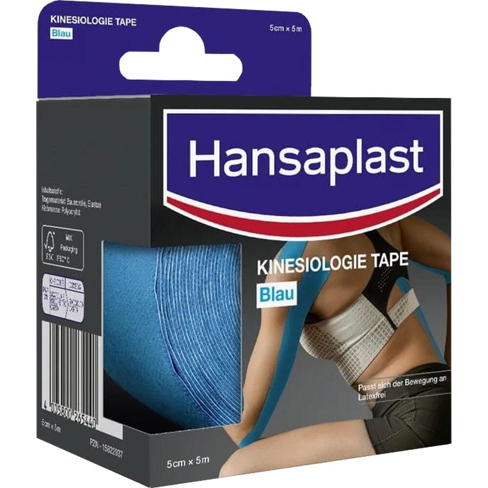 Blaues Kinesiologie-Tape von Hansaplast in einer schwarzen Verpackung.