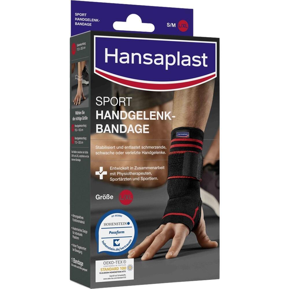 Schachtel mit einer Sport-Handgelenkbandage von Hansaplast, Größe S/M und L/XL.