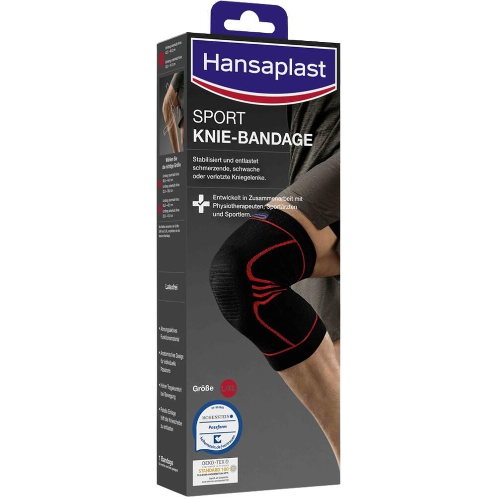 Verpackung einer schwarzen Kniebandage für Sport mit rotem Muster.