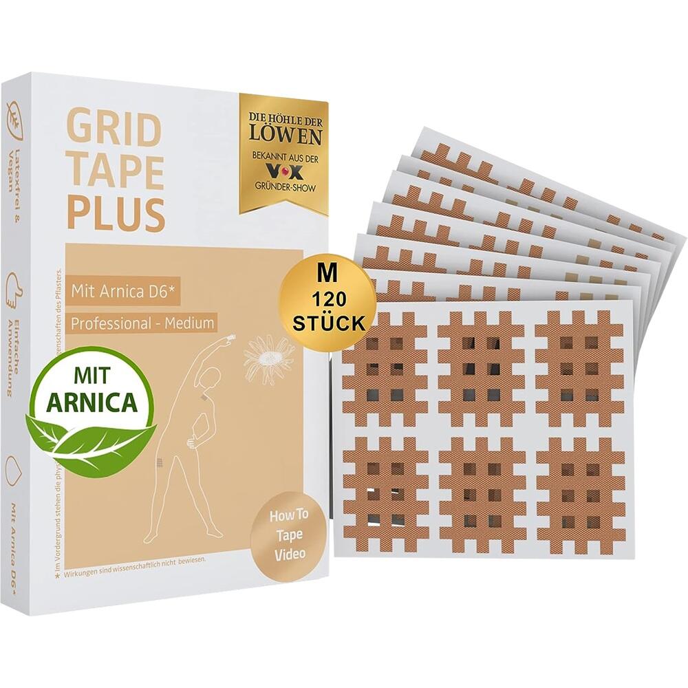 Eine Packung Grid Tape Plus Pflaster mit 120 St&uuml;ck in der Gr&ouml;&szlig;e Medium.