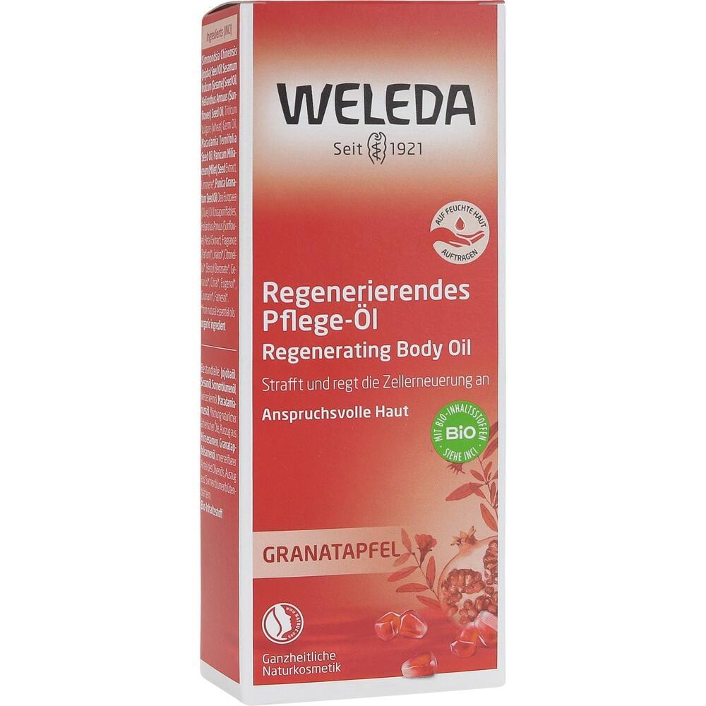 Rote Verpackung von Weleda Granatapfel Pflegeöl für anspruchsvolle Haut.