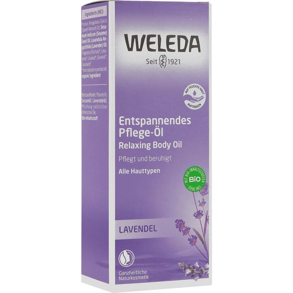 Lila Flasche mit Weleda Lavendel Pflege-Öl für alle Hauttypen.
