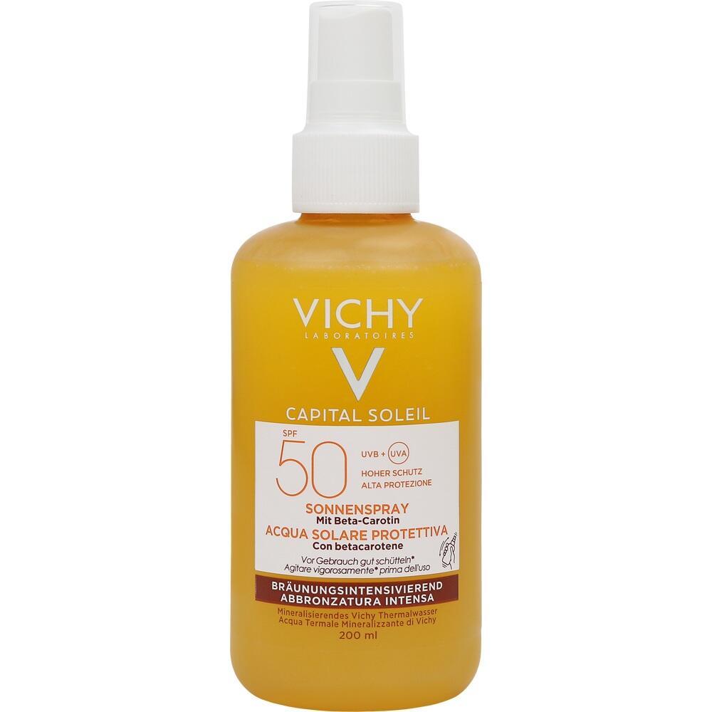 Gelbes Sonnenspray mit LSF 50 von Vichy in einer Flasche mit Spr&uuml;hkopf.