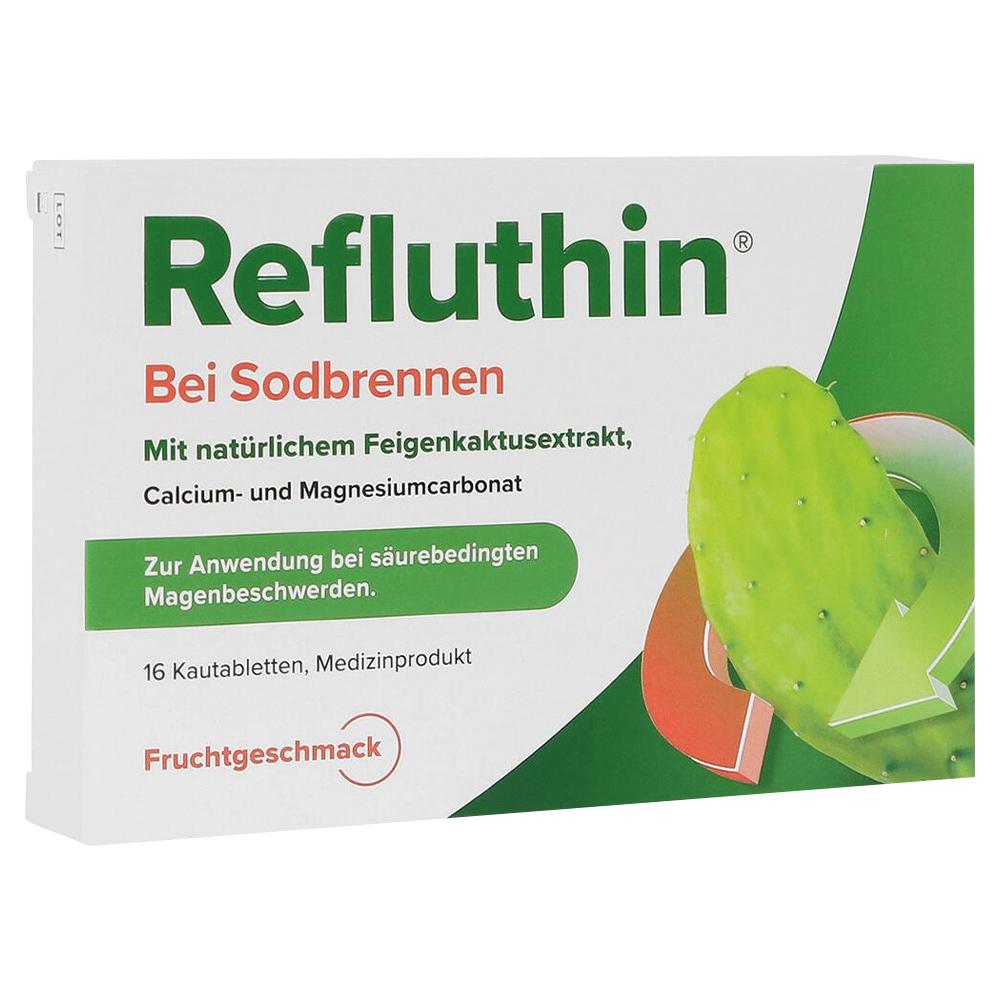 Packung von Refluthin-Kautabletten gegen Sodbrennen mit Fruchtgeschmack.