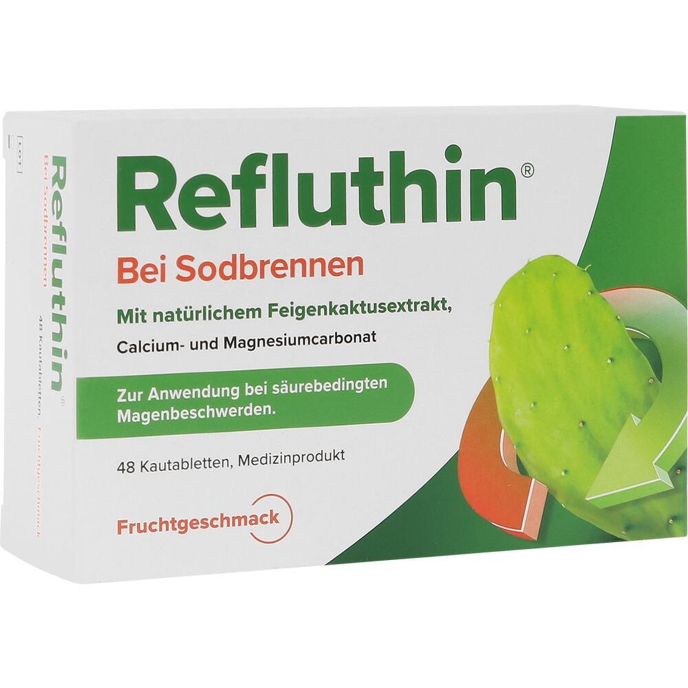 Verpackung von Refluthin-Kautabletten gegen Sodbrennen mit Feigenkaktusextrakt.