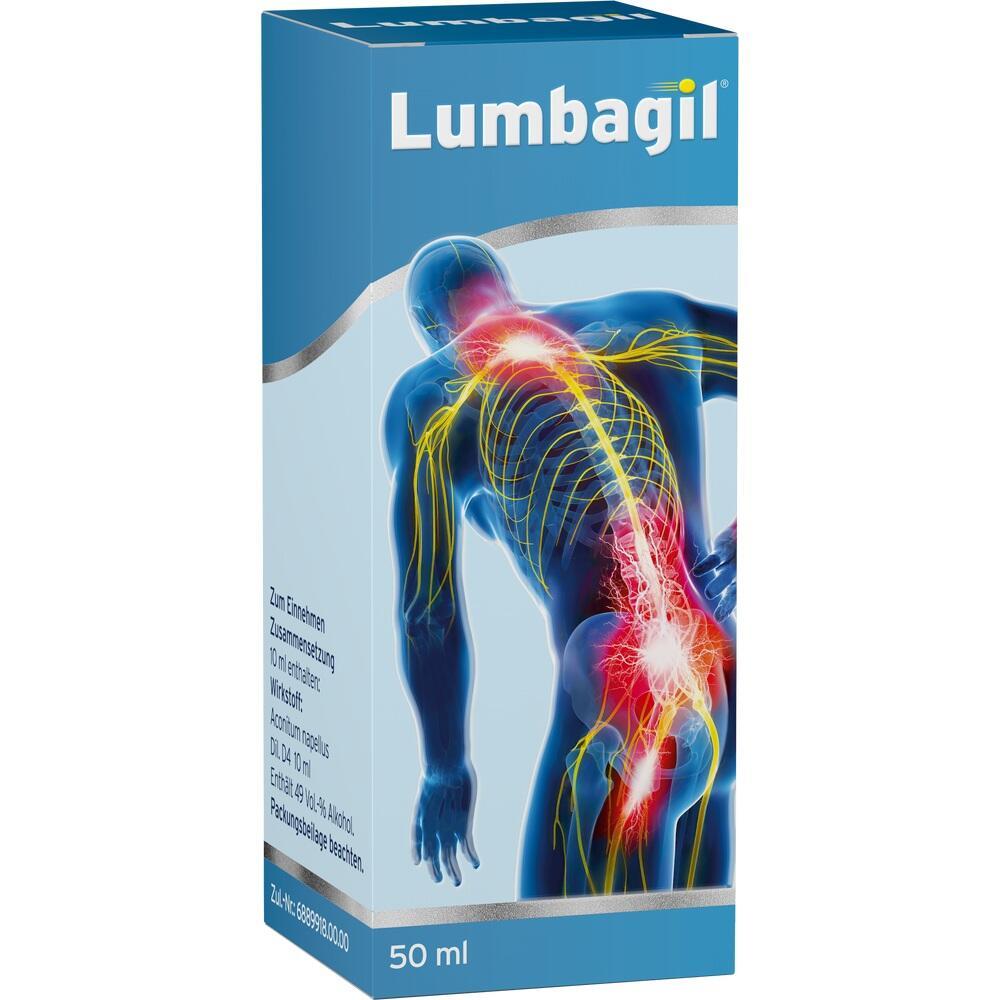 Eine Packung mit der Aufschrift "Lumbagil" zeigt einen menschlichen R&uuml;cken mit Nerven.