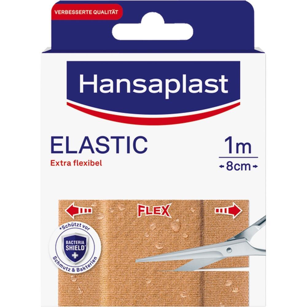 Eine Packung elastisches Pflaster von Hansaplast mit Schere.