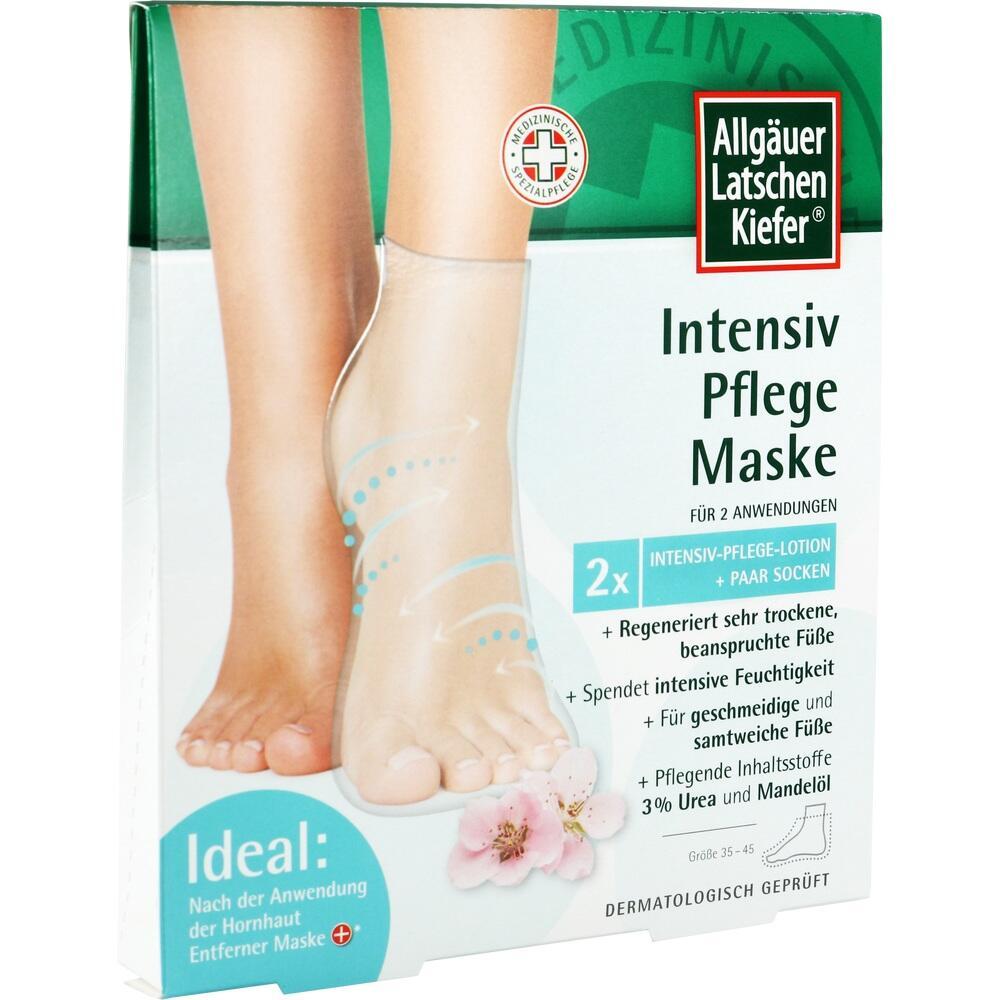 Verpackung einer Fußpflege-Maske mit Bild von nackten Füßen und Infos zur Anwendung.