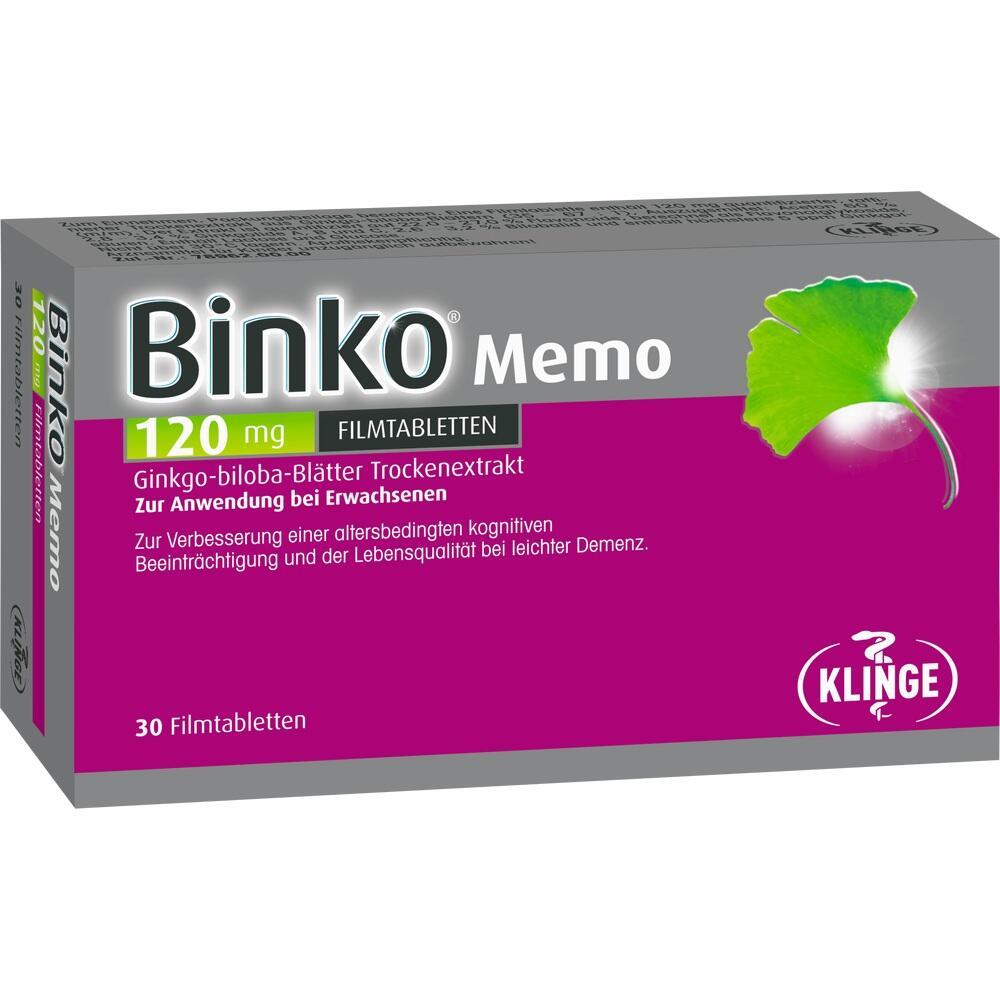 Verpackung einer Medikamentenschachtel mit Ginkgo-Blattmotiv und der Aufschrift "Binko Memo".