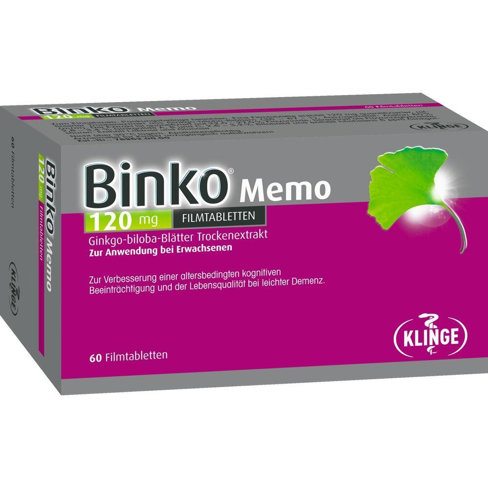 Verpackung von Binko Memo Filmtabletten mit Ginkgo-biloba-Extrakt f&uuml;r Erwachsene.