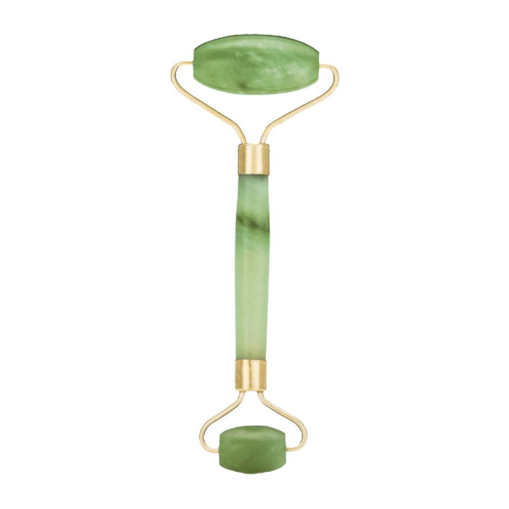 Ein gr&uuml;ner Gesichtsmassage-Roller aus Jade mit zwei Rollen.