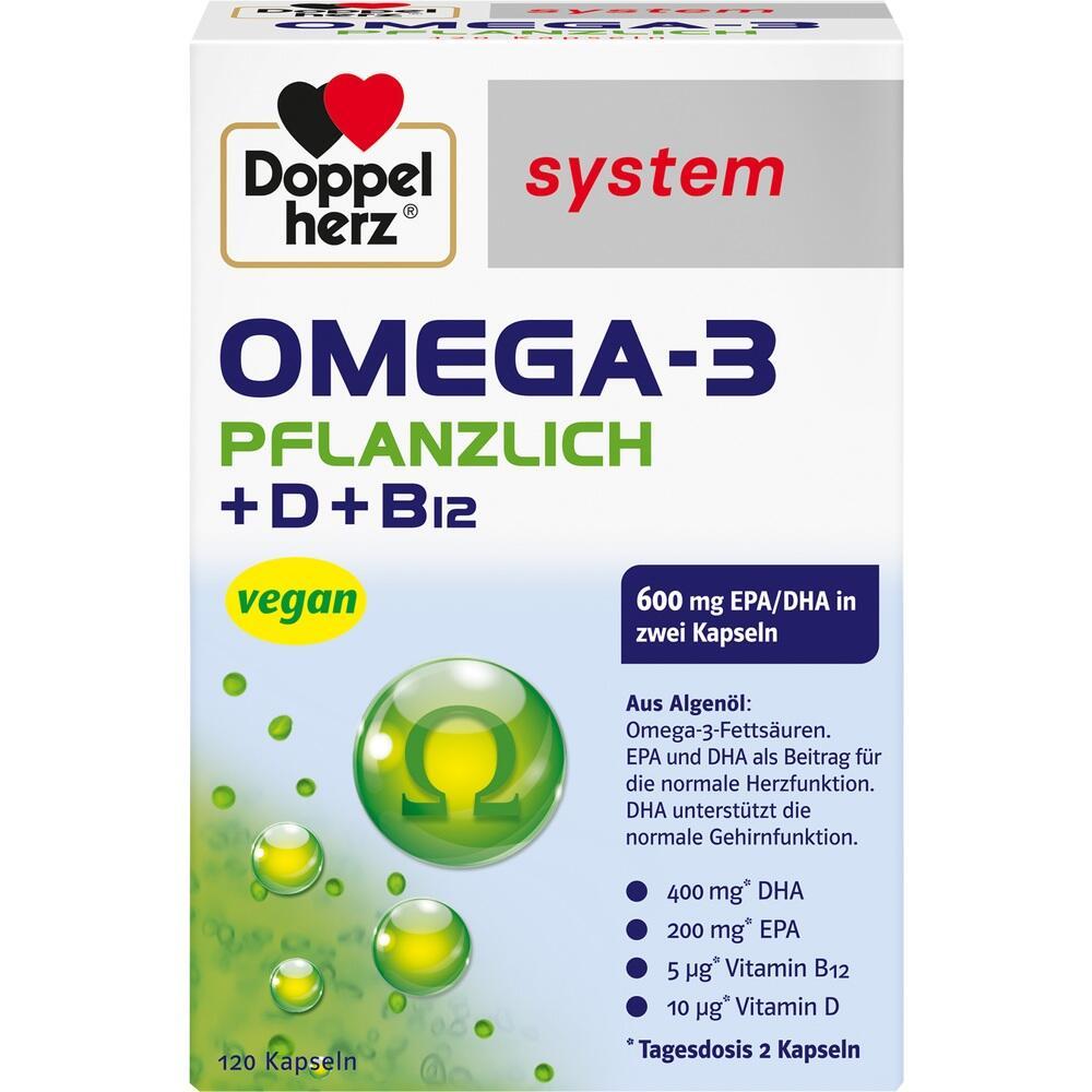 Packung von Omega-3-Kapseln mit pflanzlichen Inhaltsstoffen und Vitaminen.