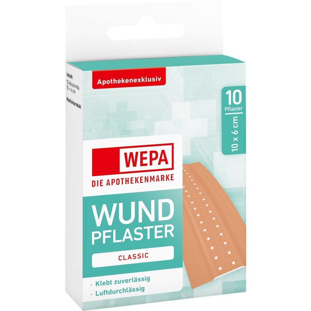Packung Pflaster von WEPA Apotheke, 10 St&uuml;ck, 10x6 cm, classic und zuverl&auml;ssig klebend.