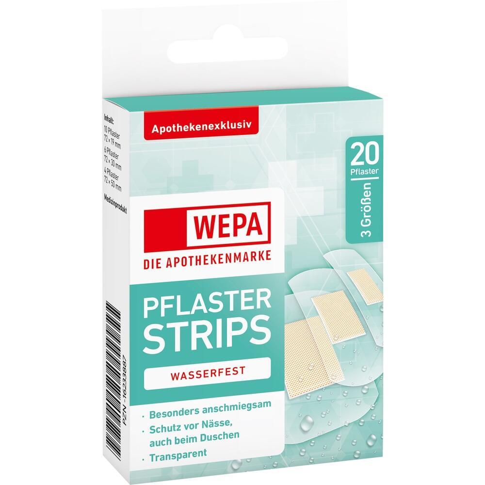 Eine Schachtel mit wasserfesten Pflasterstrips der Marke WEPA.